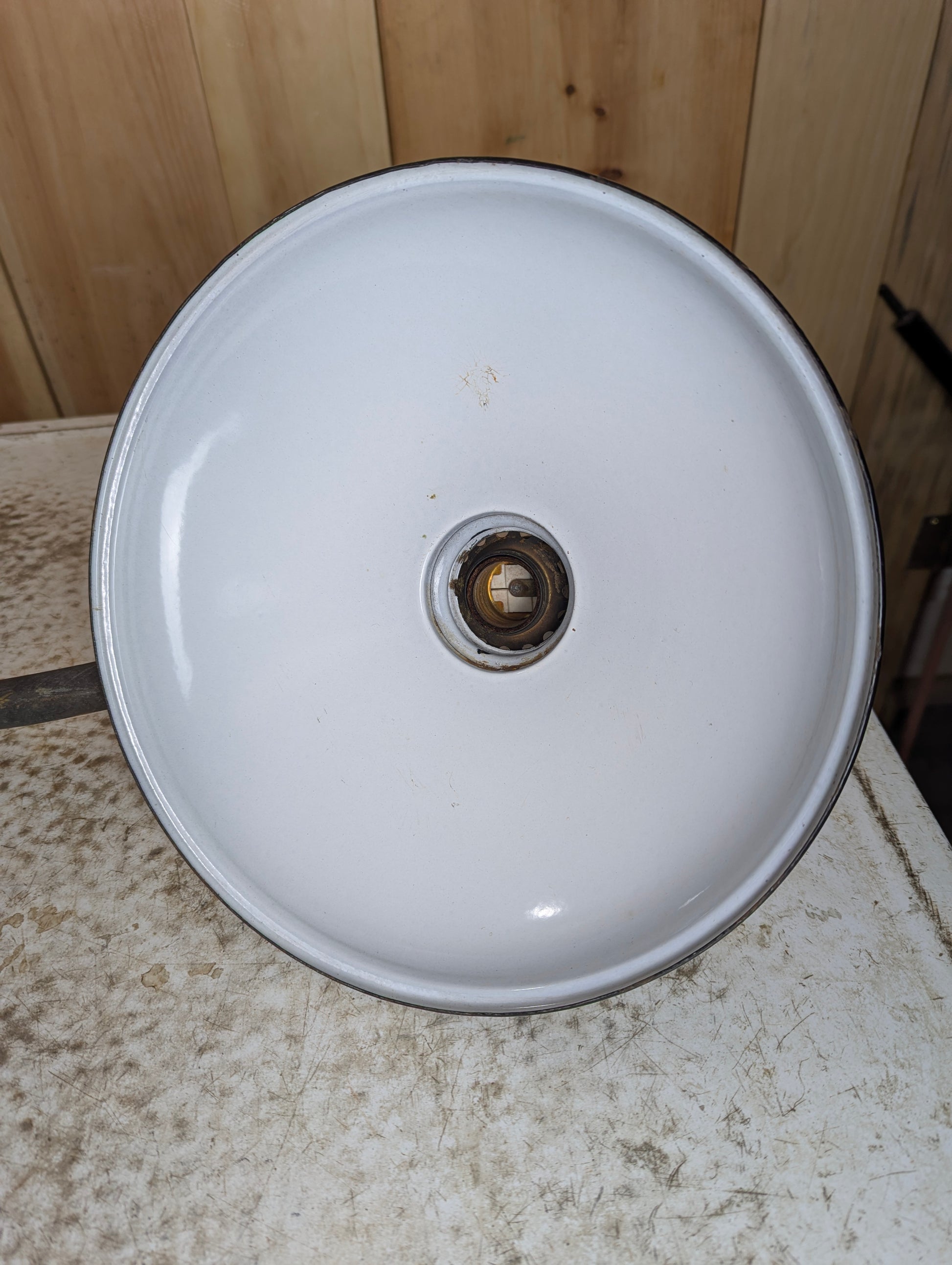 Vintage 10” Green Enamel Light Shade with Brass Arm & Socket - view 2