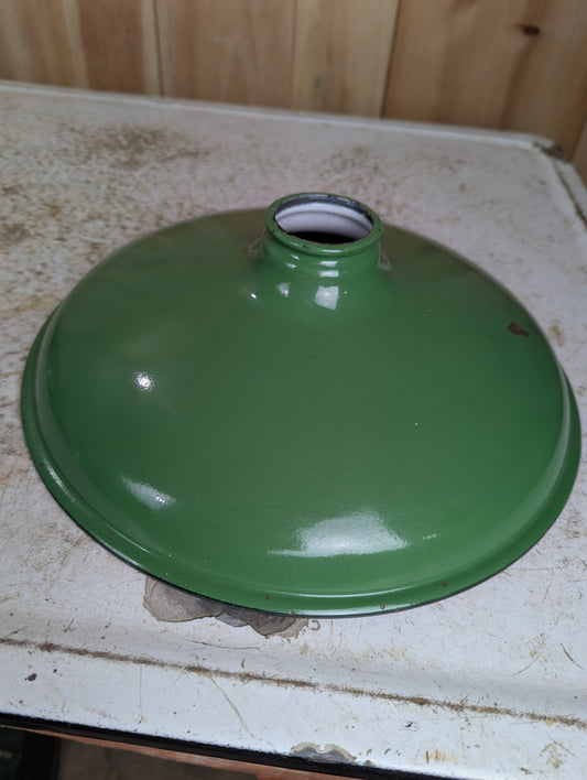 Vintage 12” Flat Design Green Enamel Light Shade with Small Collar at Top