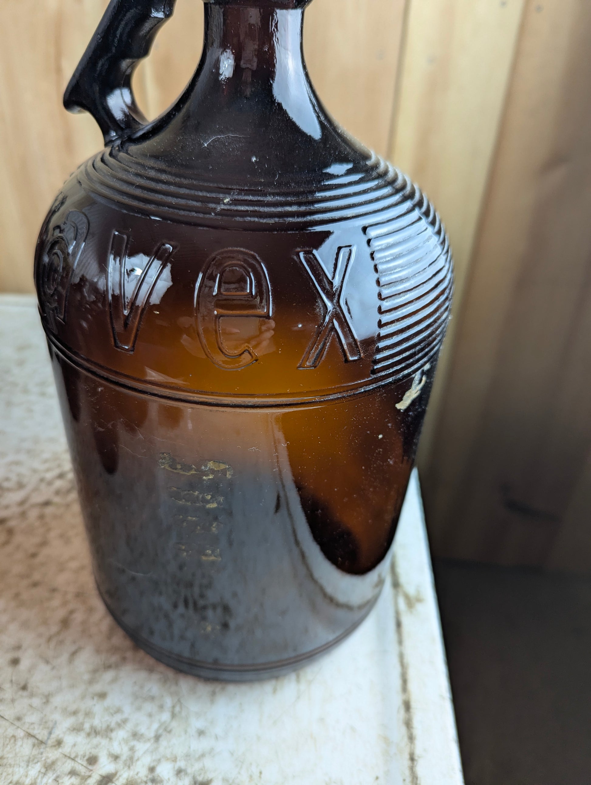 Vintage 128oz Gallon Amber Glass Javex Bottle With Finger Loop - view 2