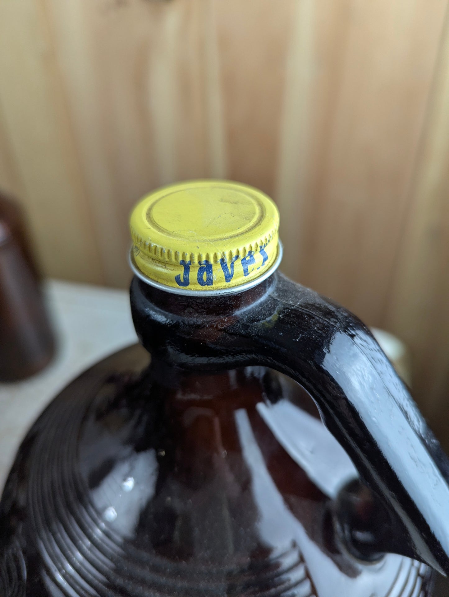 Vintage 128oz Gallon Amber Glass Javex Bottle With Finger Loop - view 3
