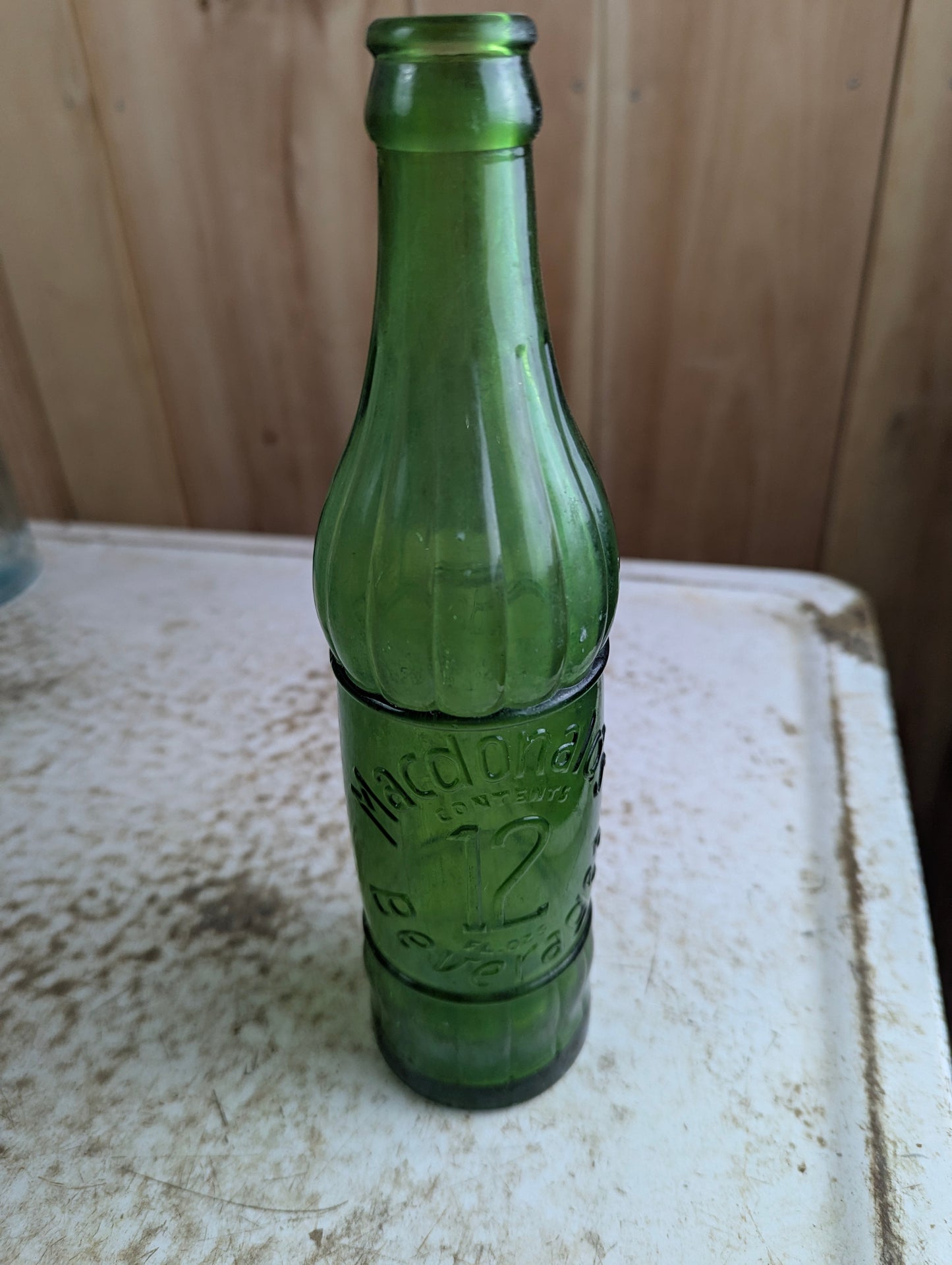 Vintage 12oz Macdonald's Beverages North Bay Green Embossed Glass Bottle