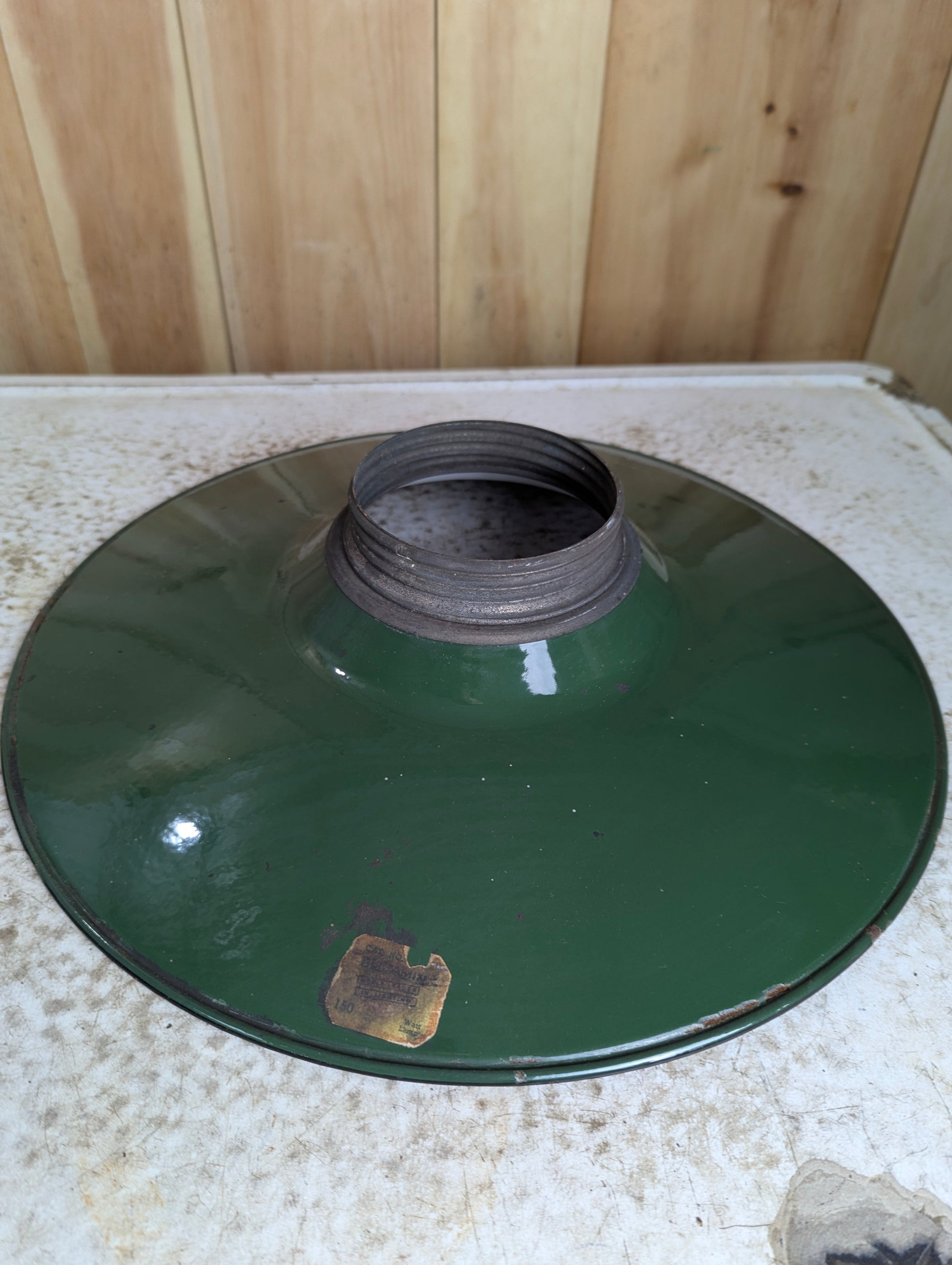 Vintage 16” Flat Design Green Enamel Light Shade with Large Collar at Top