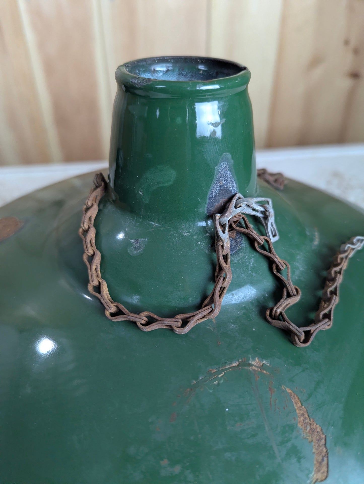 Vintage 16” Green Enamel Light Shade with Metal Chains at top - view 2