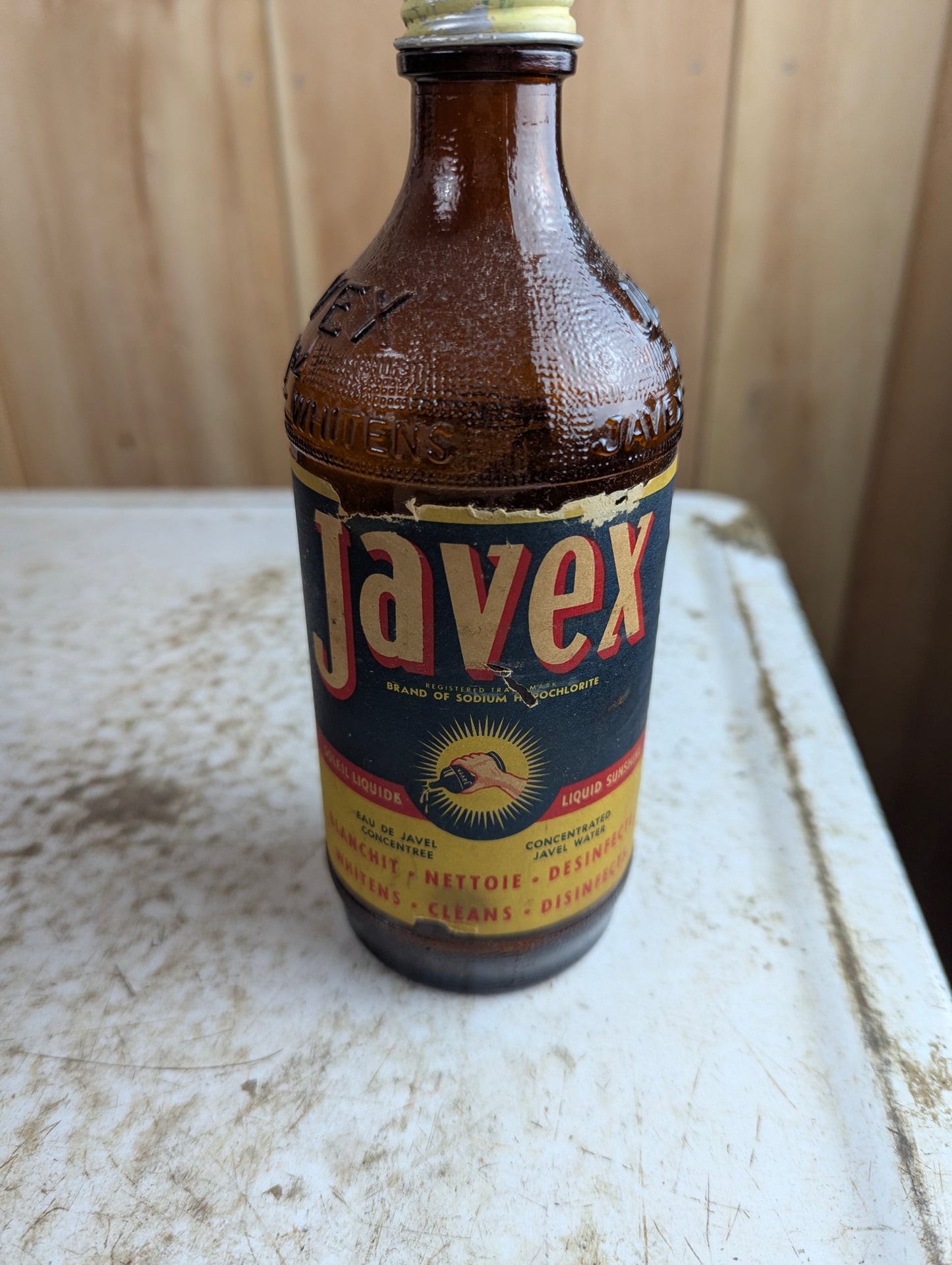 Vintage 16oz Amber Glass Javex Bottle With Label