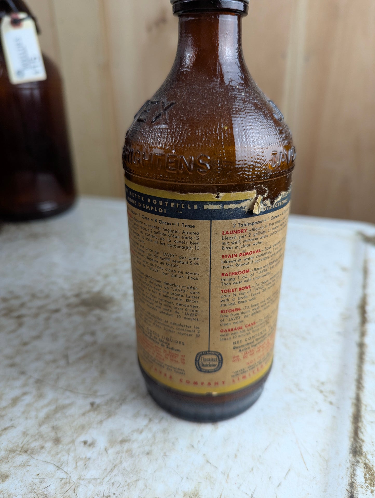 Vintage 16oz Amber Glass Javex Bottle With Label - view 3