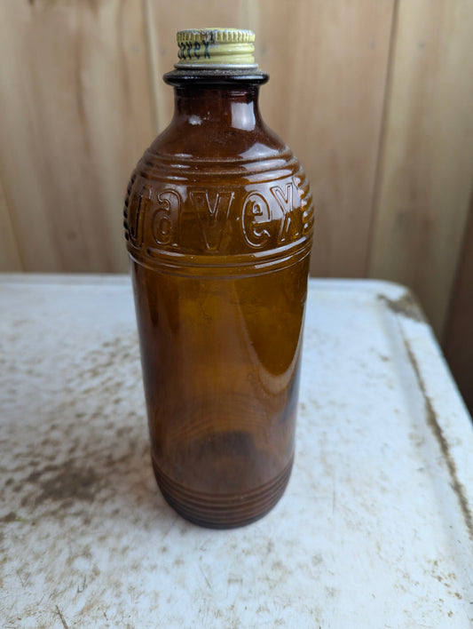 Vintage 16oz Javex Ribbed Amber Glass Bottle with Lid