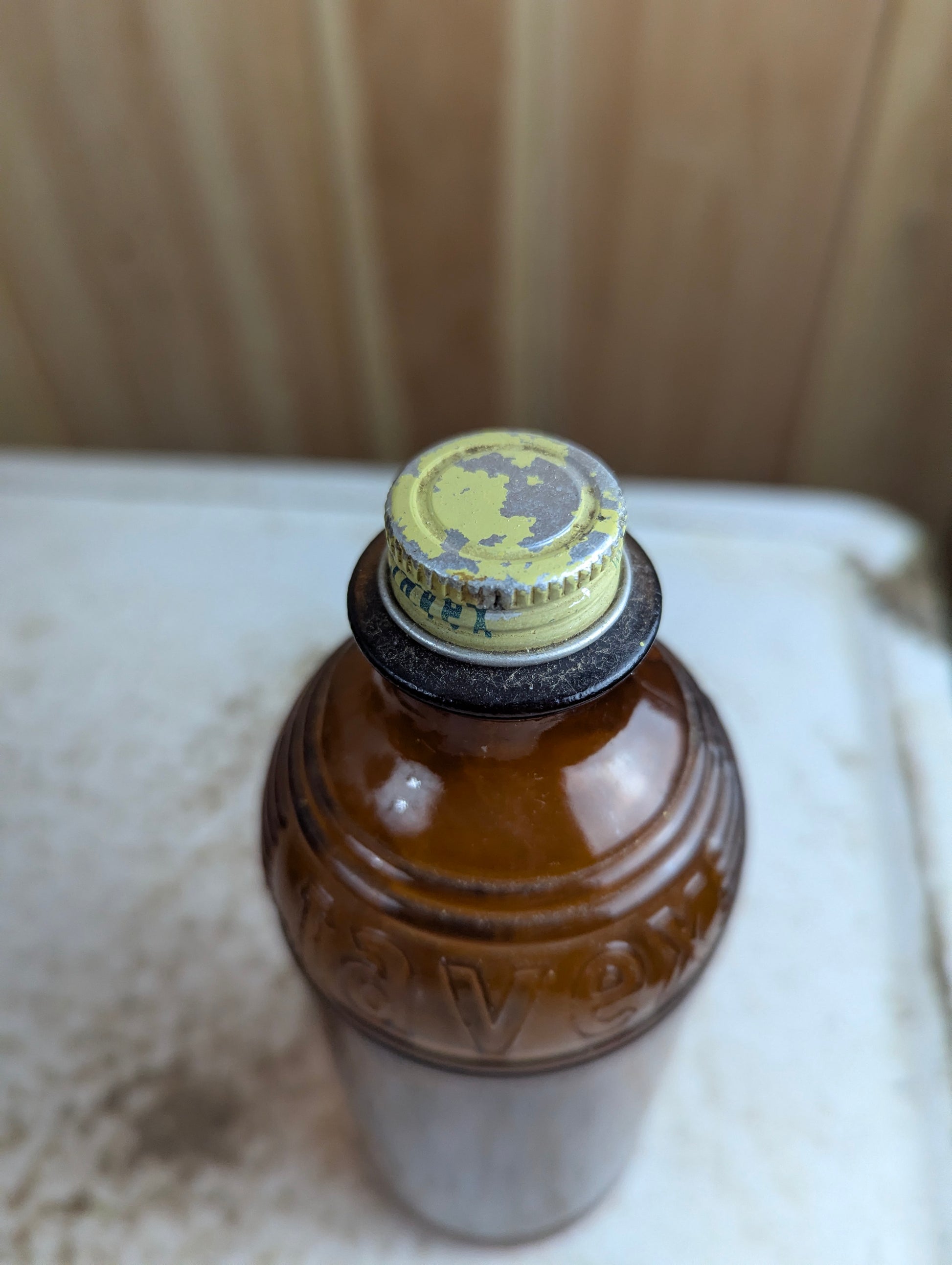 Vintage 16oz Javex Ribbed Amber Glass Bottle with Lid - view 2