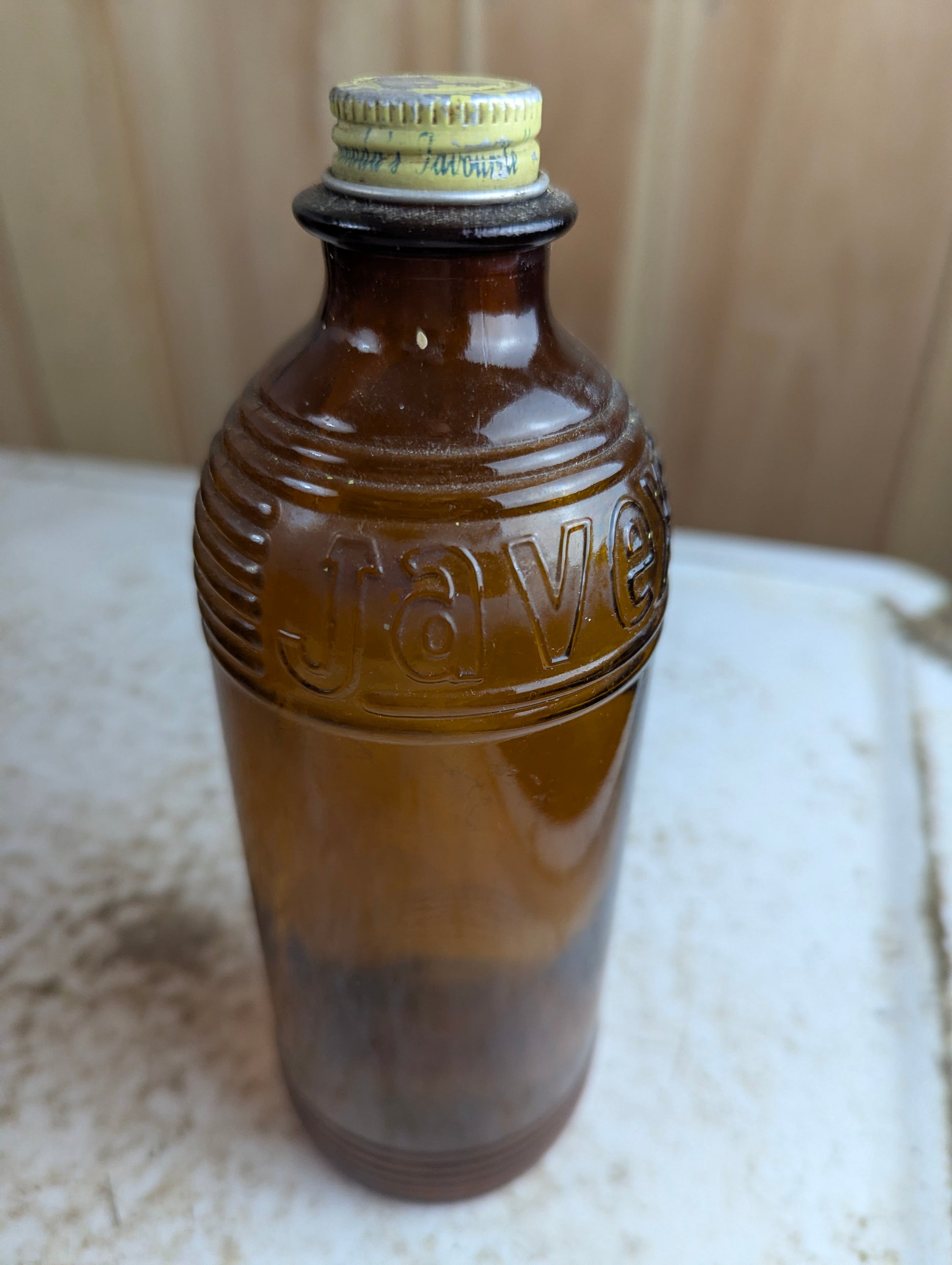 Vintage 16oz Javex Ribbed Amber Glass Bottle with Lid - view 3