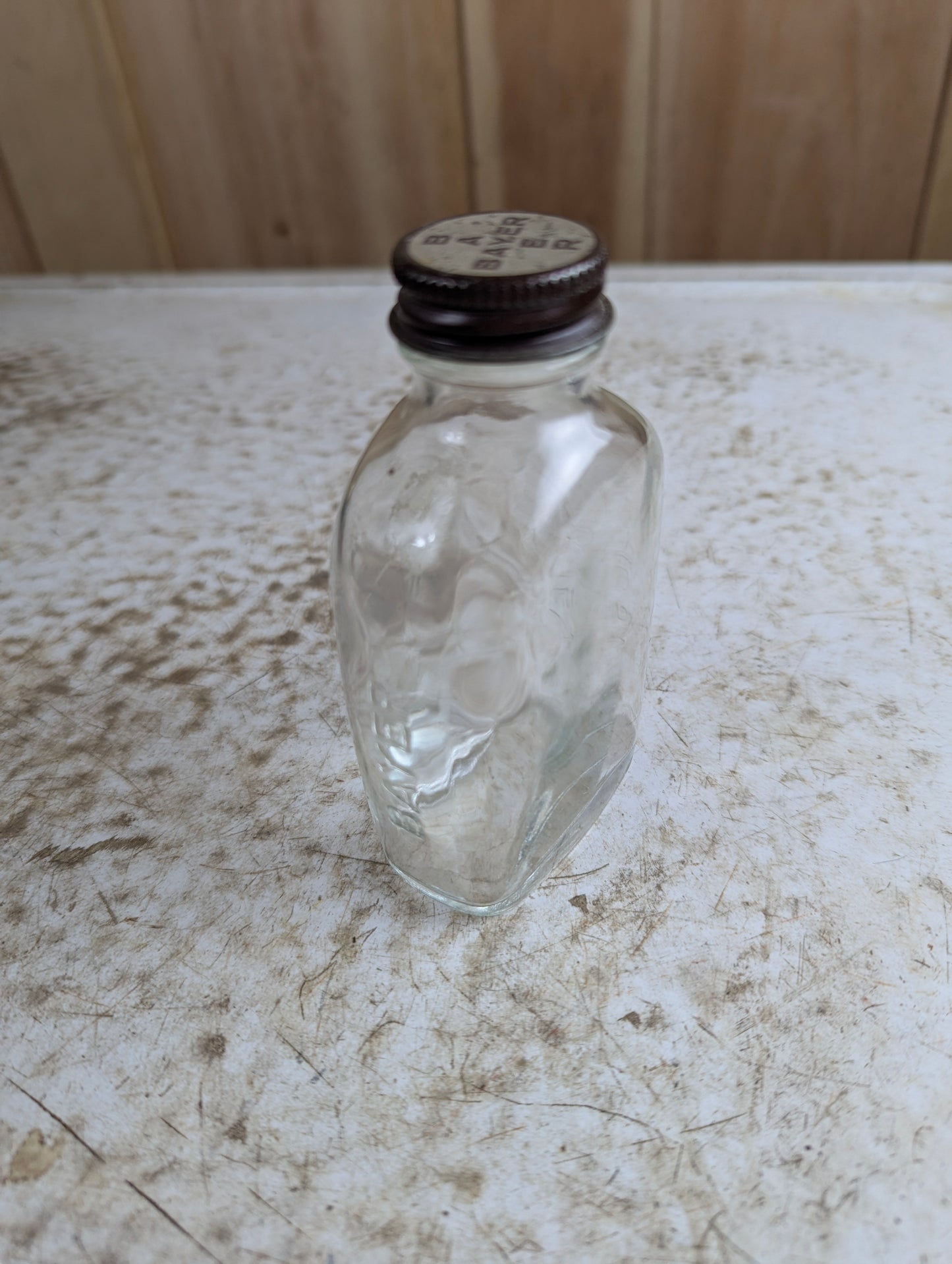 Vintage 1930s Bayer's Aspirin Embossed Glass Medicine Bottle with Cap