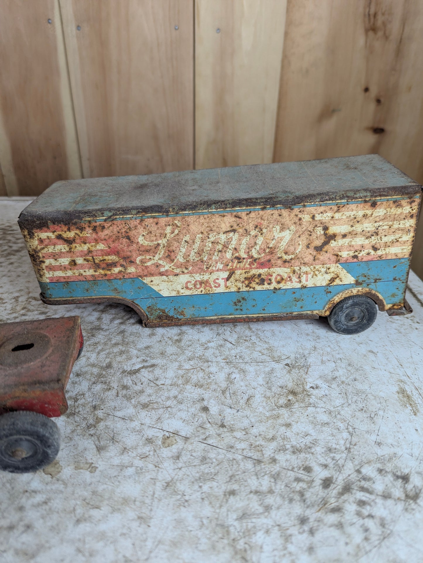 Vintage 1950s Pressed Steel Marx Lumar Van Lines Truck with Trailer Toy - view 9