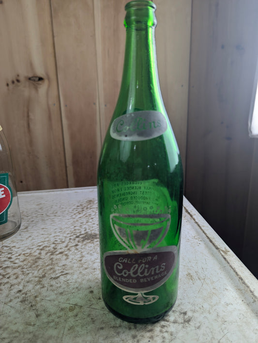 Vintage 30oz Collins Green Glass Barrie ACL Soda Bottle