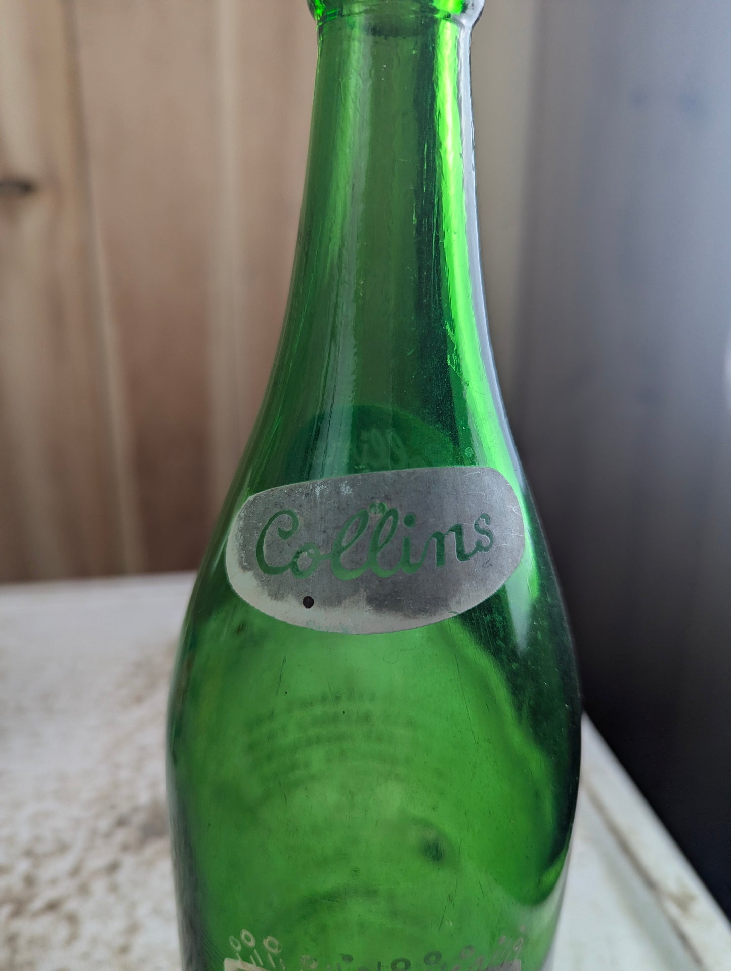 Vintage 30oz Collins Green Glass Barrie ACL Soda Bottle - view 3