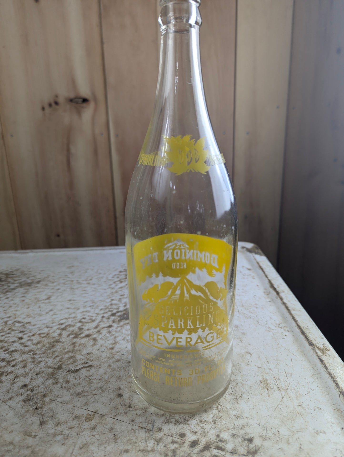 Vintage 30oz Dominion Sparkling Beverage Clear Glass ACL Soda Bottle