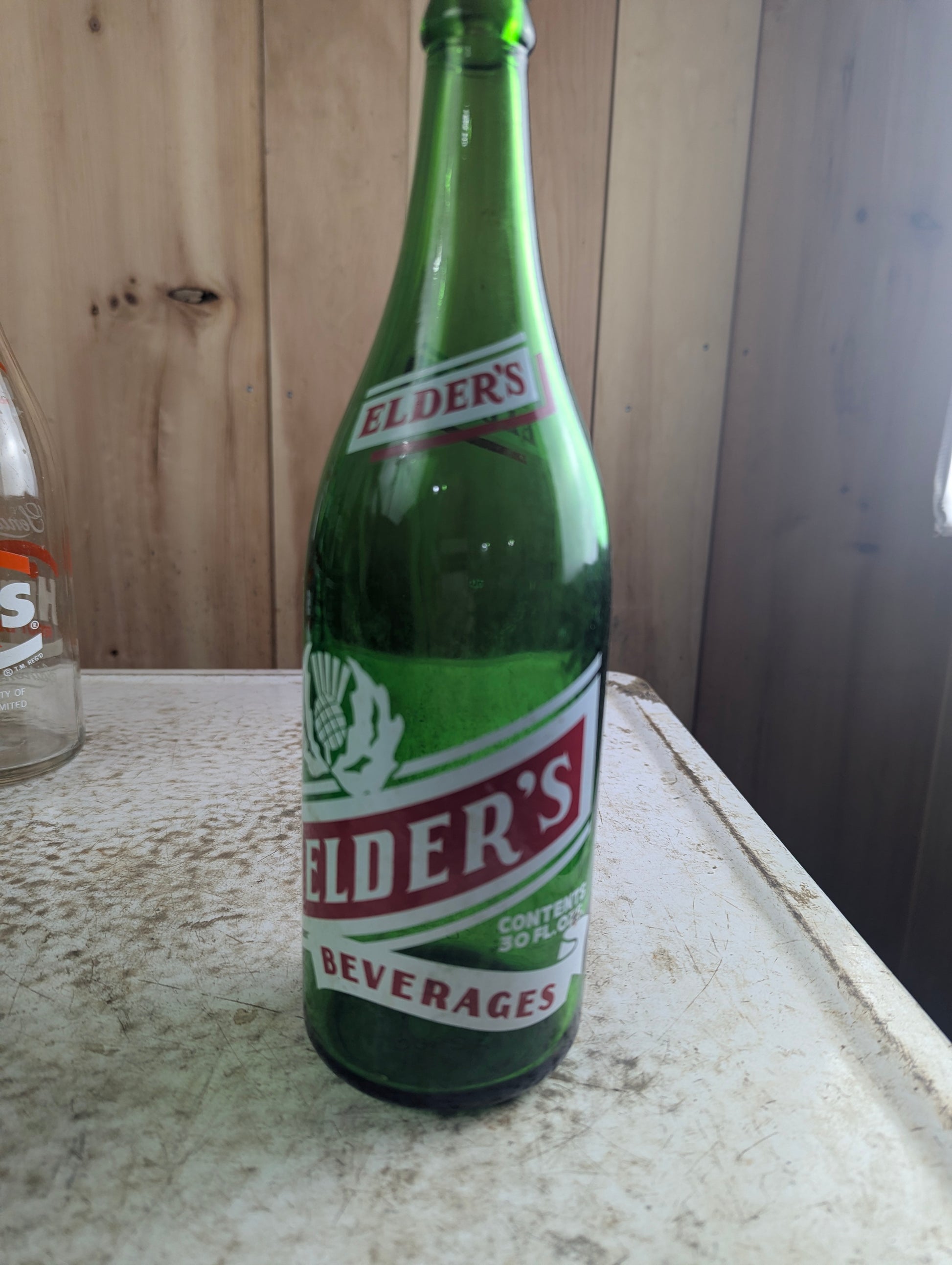 Vintage 30oz Elder's Beverages Kingston Green Glass ACL Soda Bottle