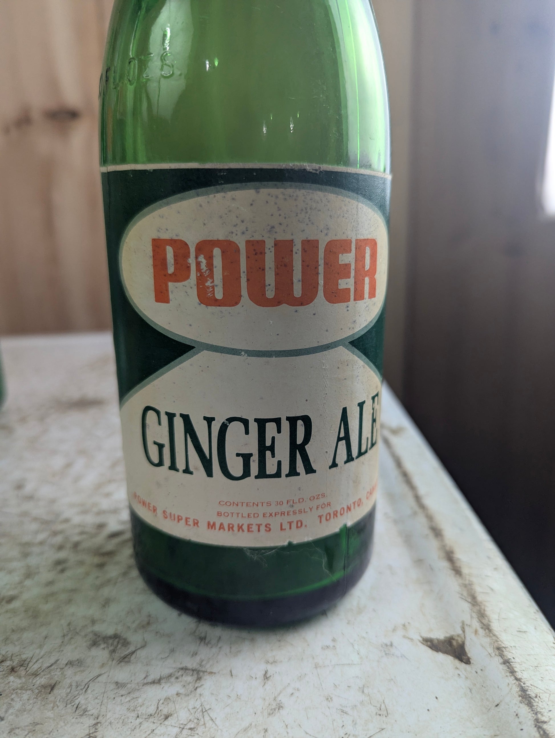 Vintage 30oz Power Ginger Ale Green Glass Paper Label Soda Bottle - view 2