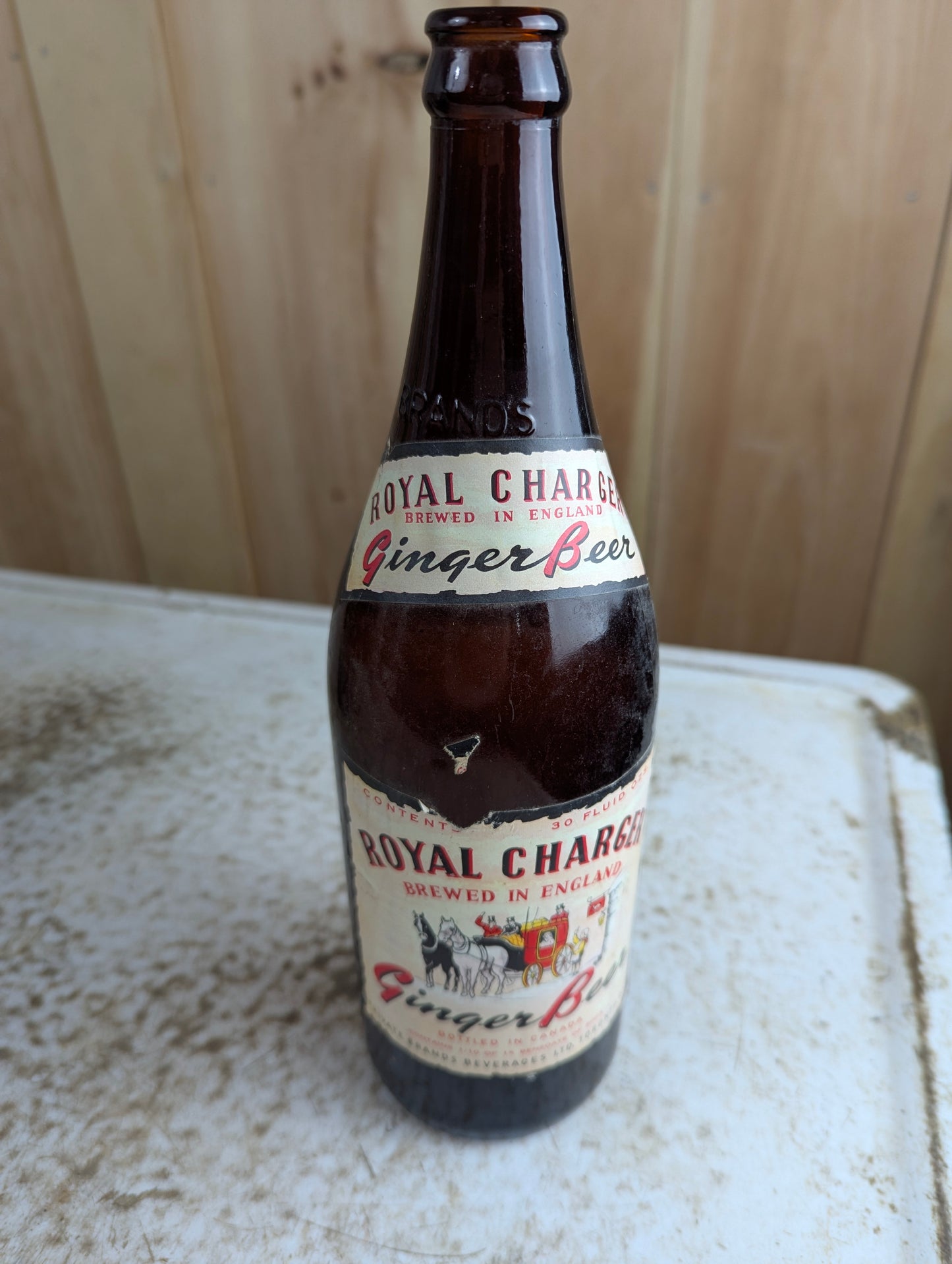 Vintage 30oz Royal Charger Amber Glass Paper Label Toronto Soda Bottle
