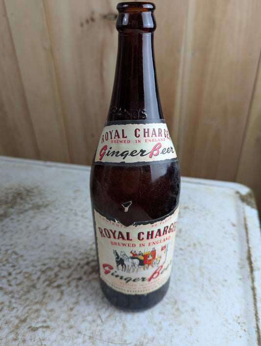 Vintage 30oz Royal Charger Amber Glass Paper Label Toronto Soda Bottle