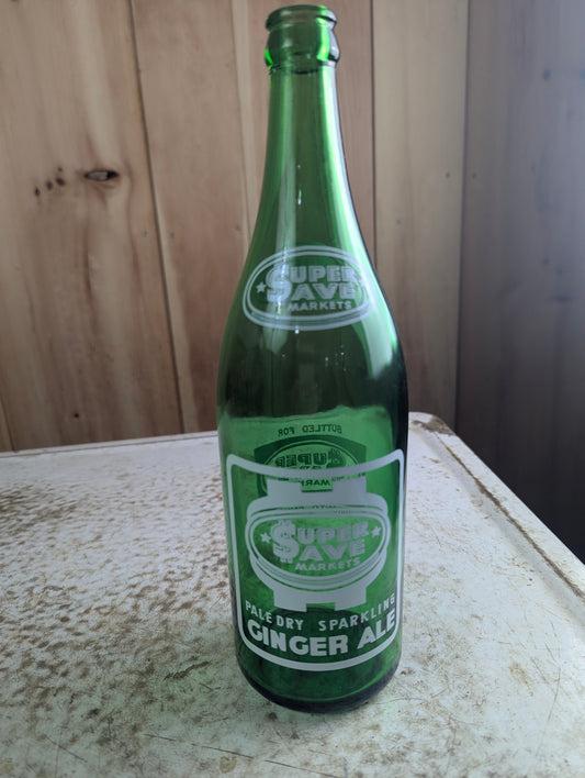 Vintage 30oz Super Save Ginger Ale Western Canada Green Glass ACL Soda Bottle