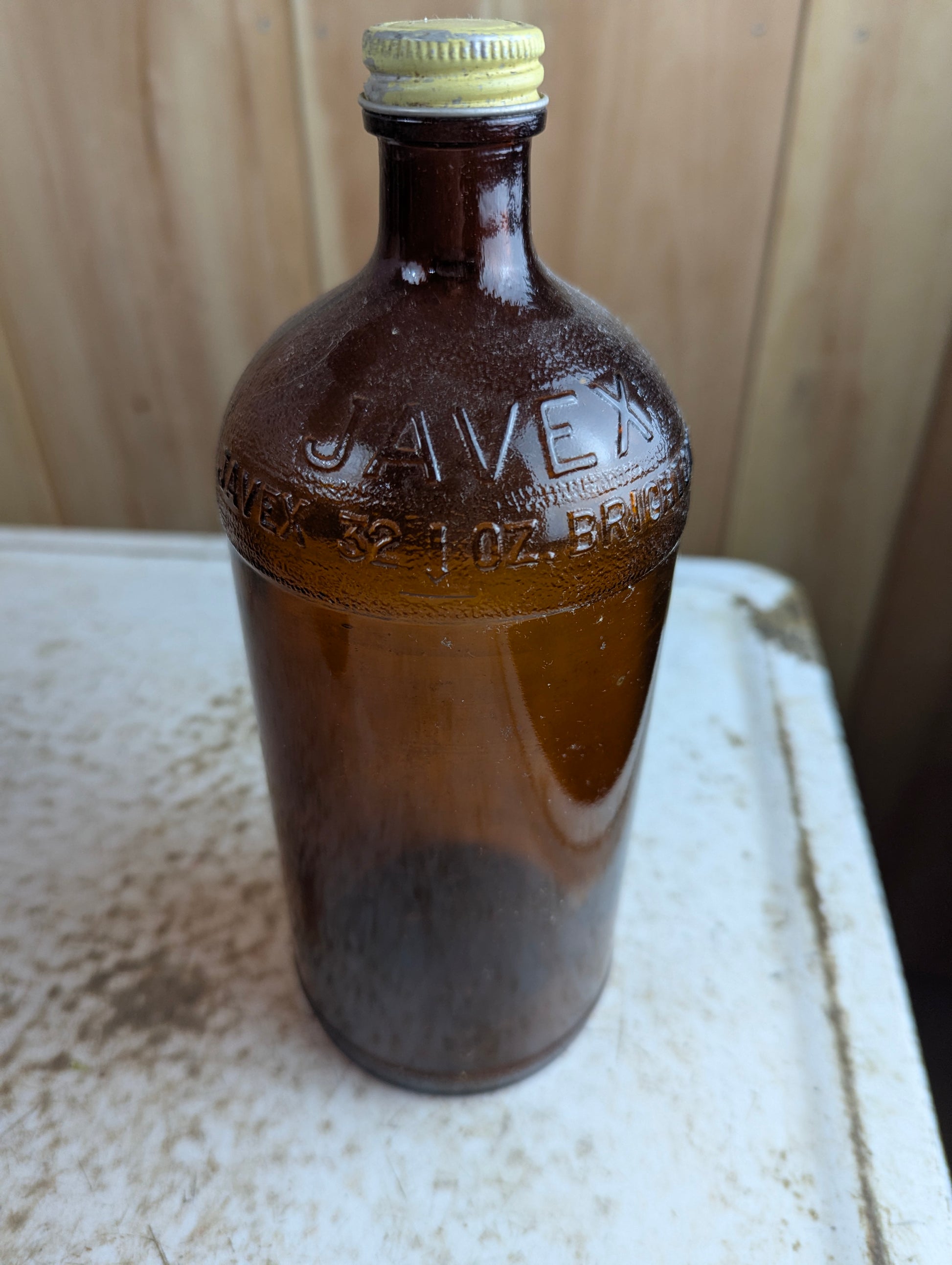 Vintage 32oz Javex Whitens Brightens Amber Glass Bottle with Lid