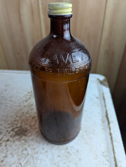 Vintage 32oz Javex Whitens Brightens Amber Glass Bottle with Lid