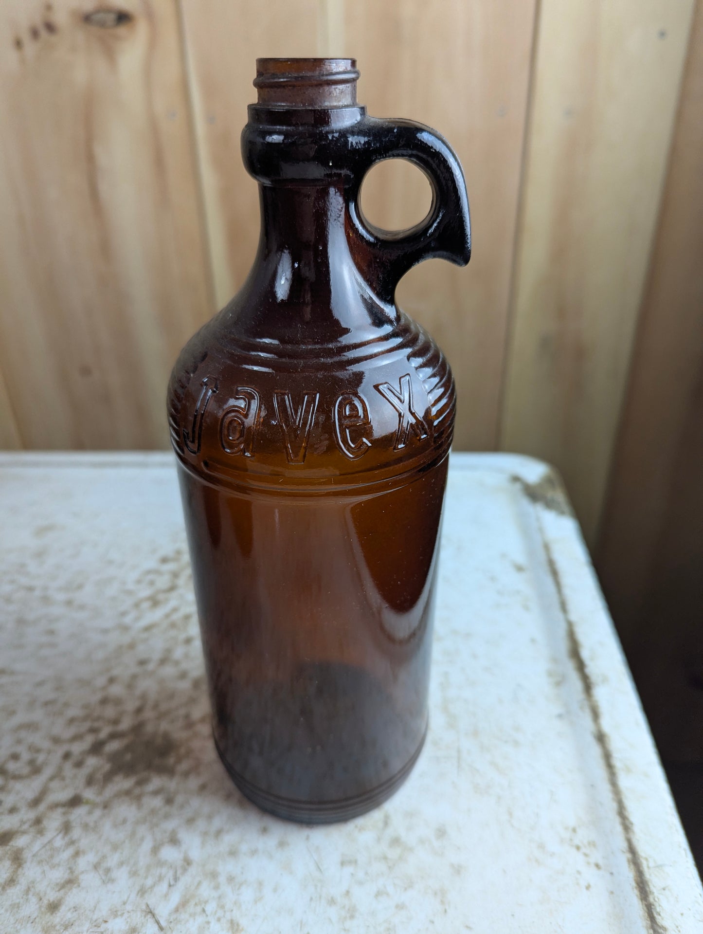 Vintage 32oz Quart Amber Glass Javex Bottle with Finger Loop