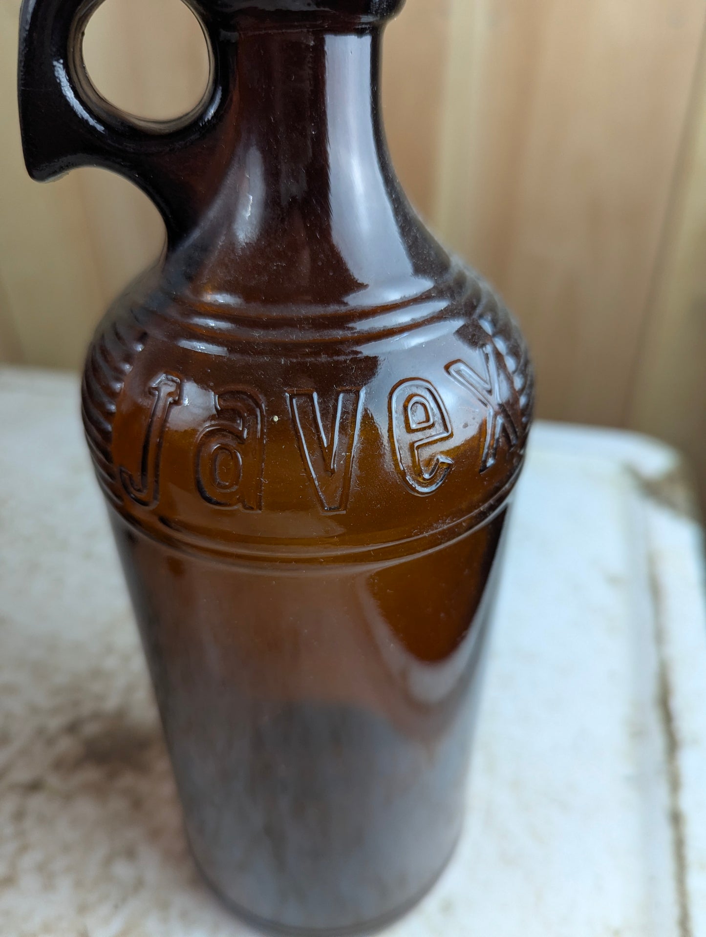 Vintage 32oz Quart Amber Glass Javex Bottle with Finger Loop - view 2