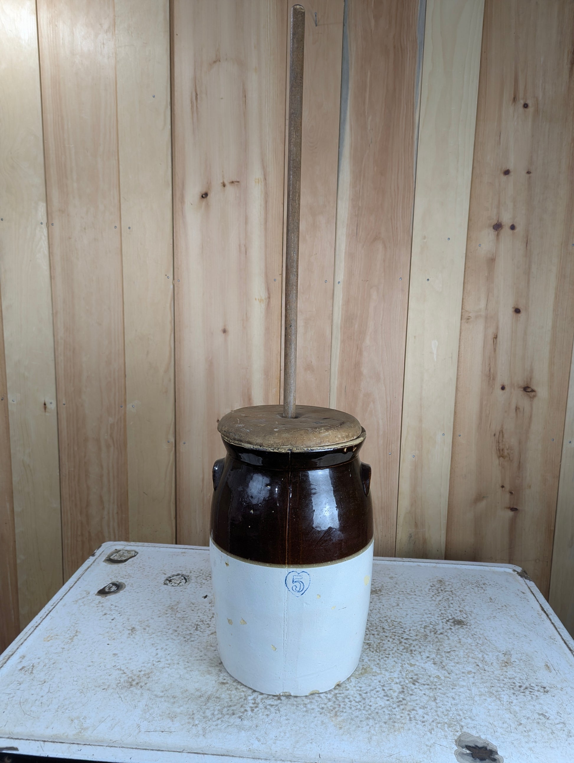 Vintage #5 Stoneware Butter Churn Crock with Built In Handles & Lid