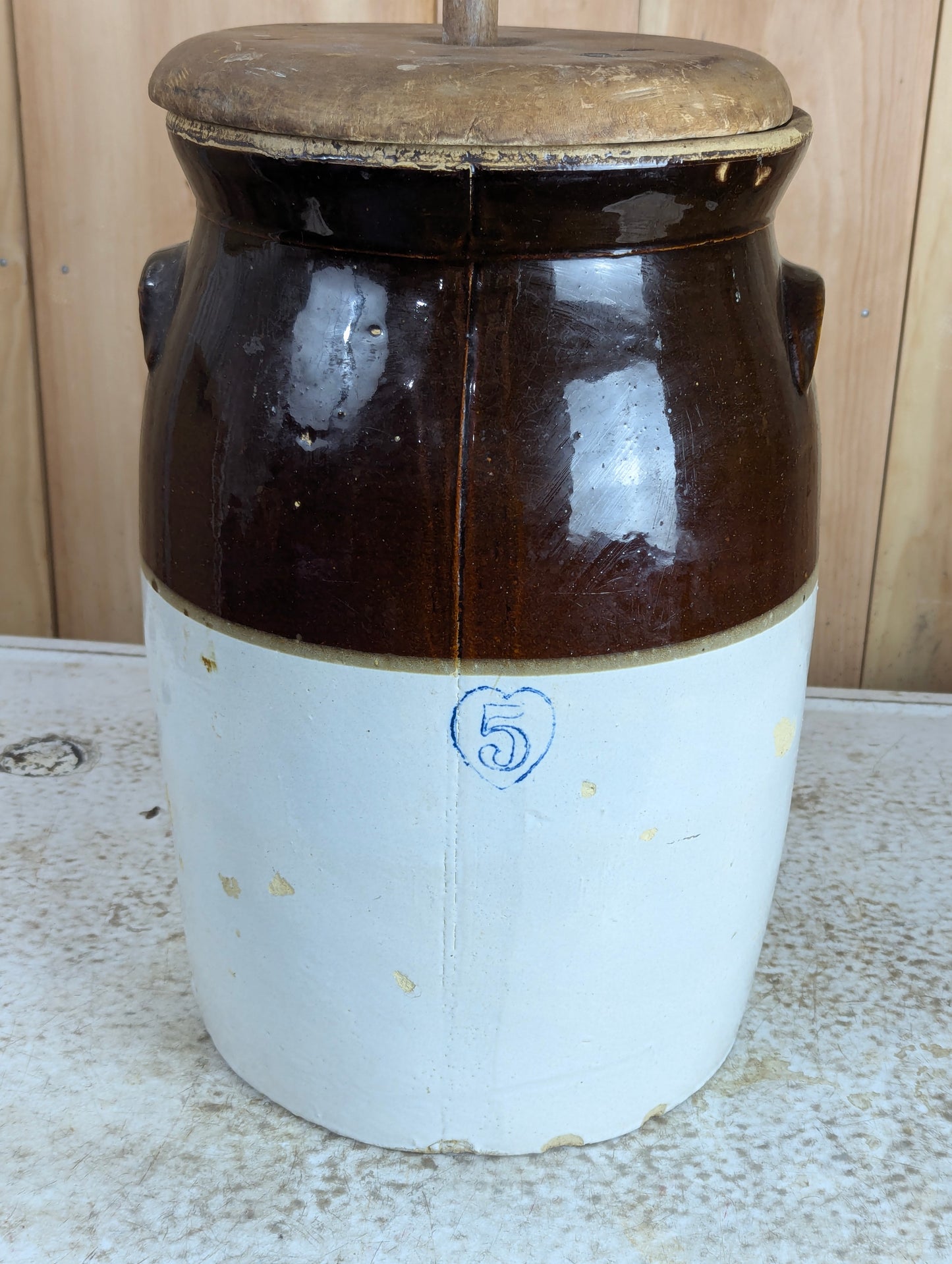 Vintage #5 Stoneware Butter Churn Crock with Built In Handles & Lid - view 2