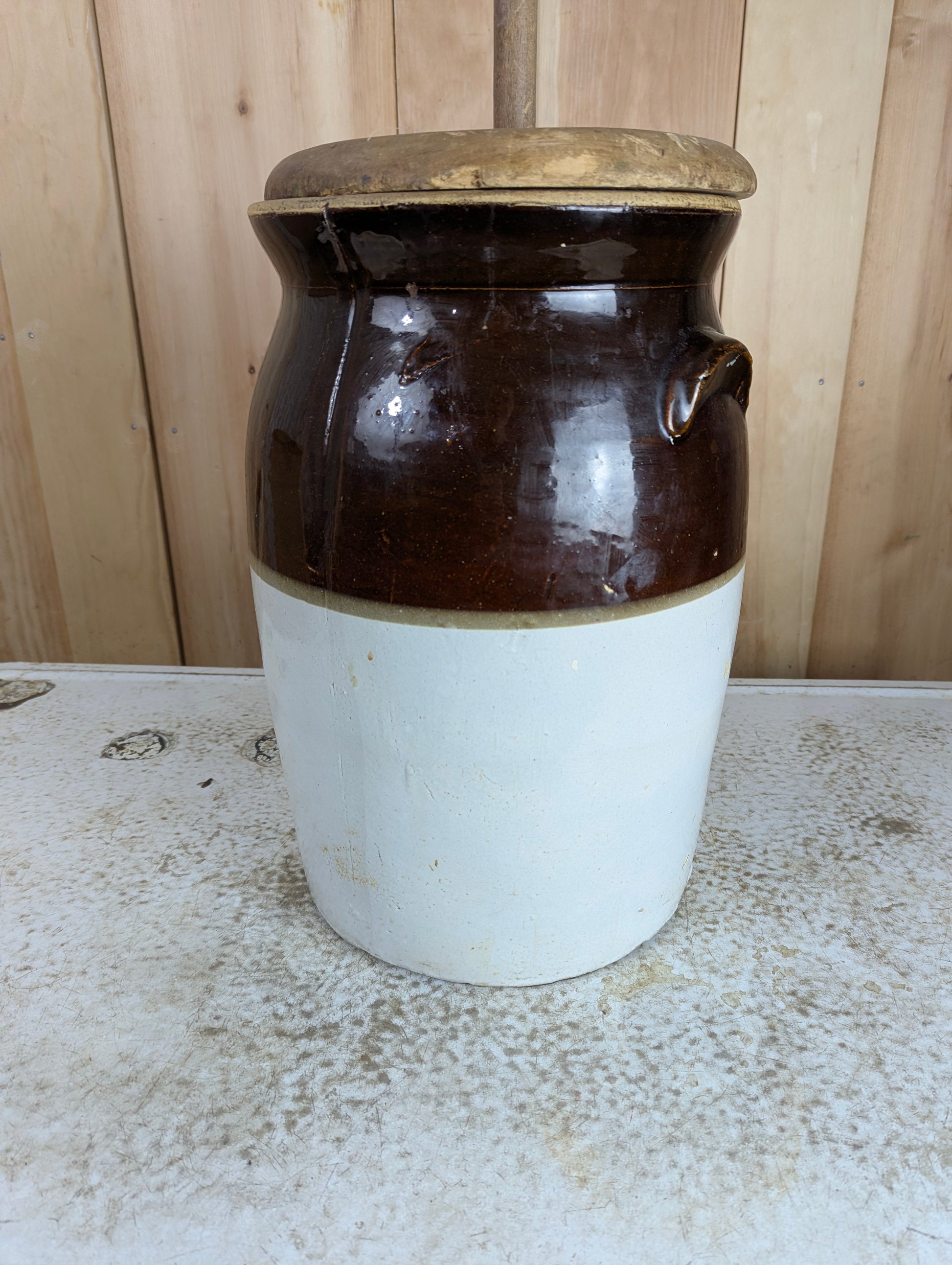 Vintage #5 Stoneware Butter Churn Crock with Built In Handles & Lid - view 3