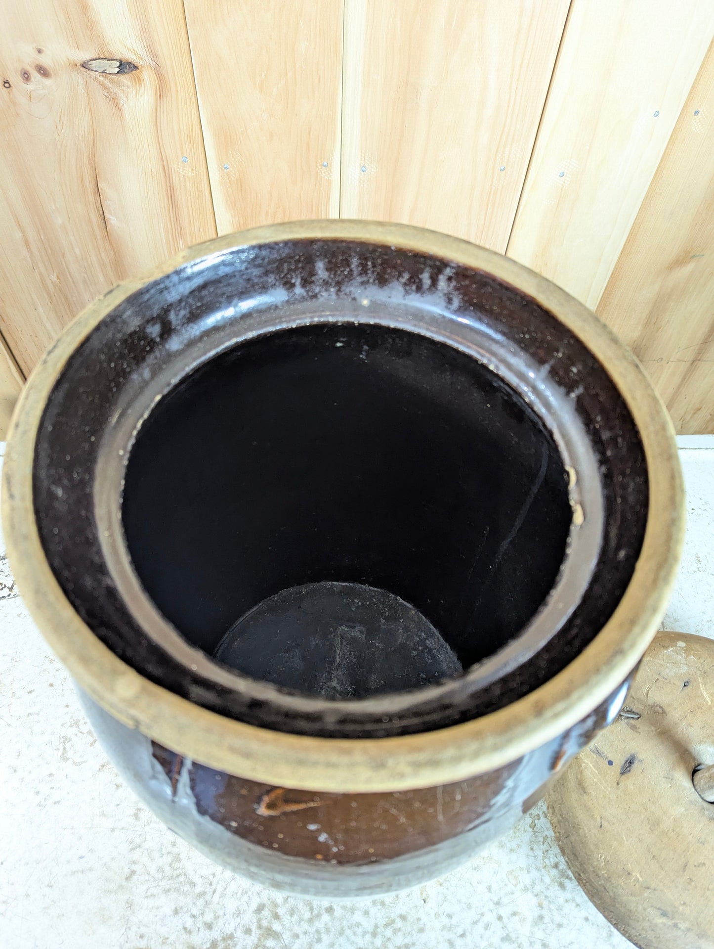 Vintage #5 Stoneware Butter Churn Crock with Built In Handles & Lid - view 4