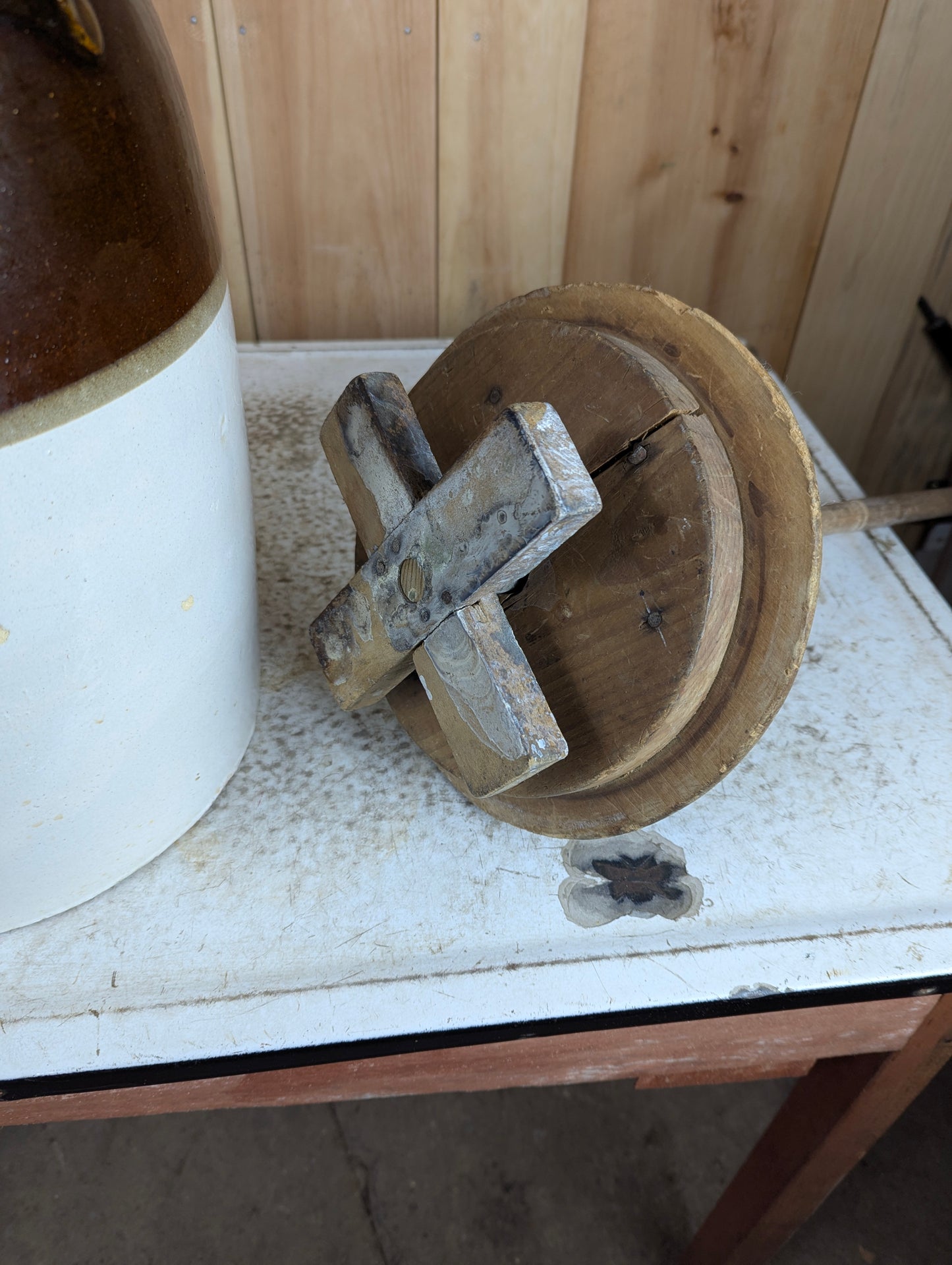 Vintage #5 Stoneware Butter Churn Crock with Built In Handles & Lid - view 5