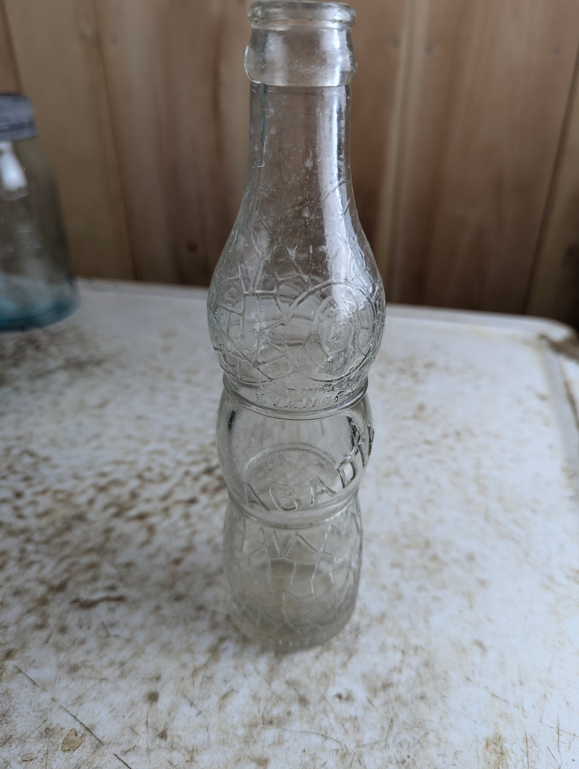 Vintage 6.5oz Evangeline Beverage Acadia Clear Embossed Glass Soda Bottle