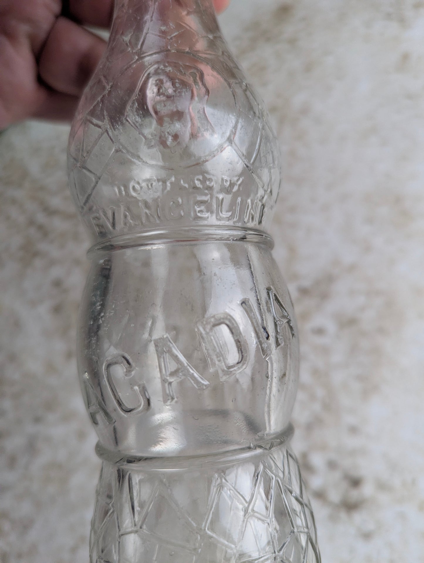 Vintage 6.5oz Evangeline Beverage Acadia Clear Embossed Glass Soda Bottle - view 2