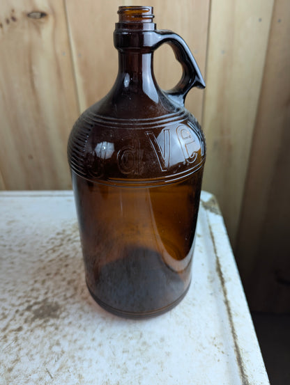 Vintage 64oz  Half-Gallon Amber Glass Javex Bottle with Finger Loop