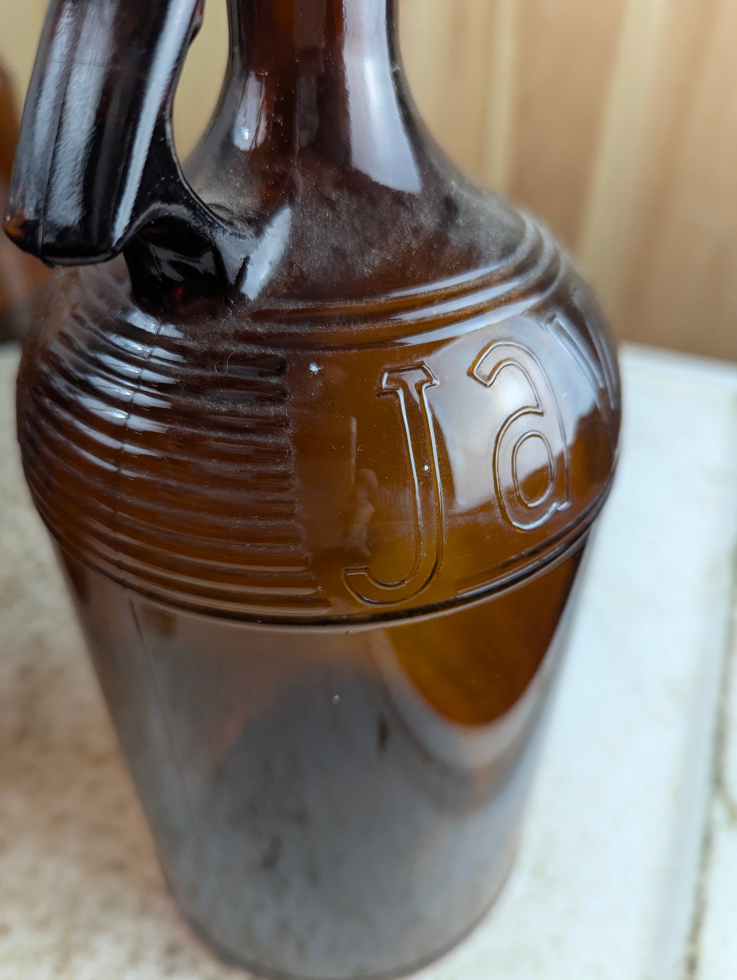 Vintage 64oz  Half-Gallon Amber Glass Javex Bottle with Finger Loop - view 4