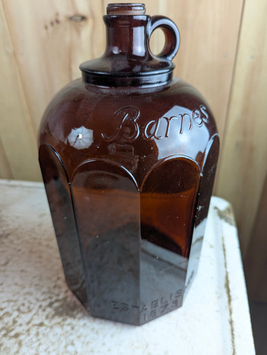 Vintage Barnes 1 Gallon Amber Glass 10 Panel Wine Jug with Finger Loop