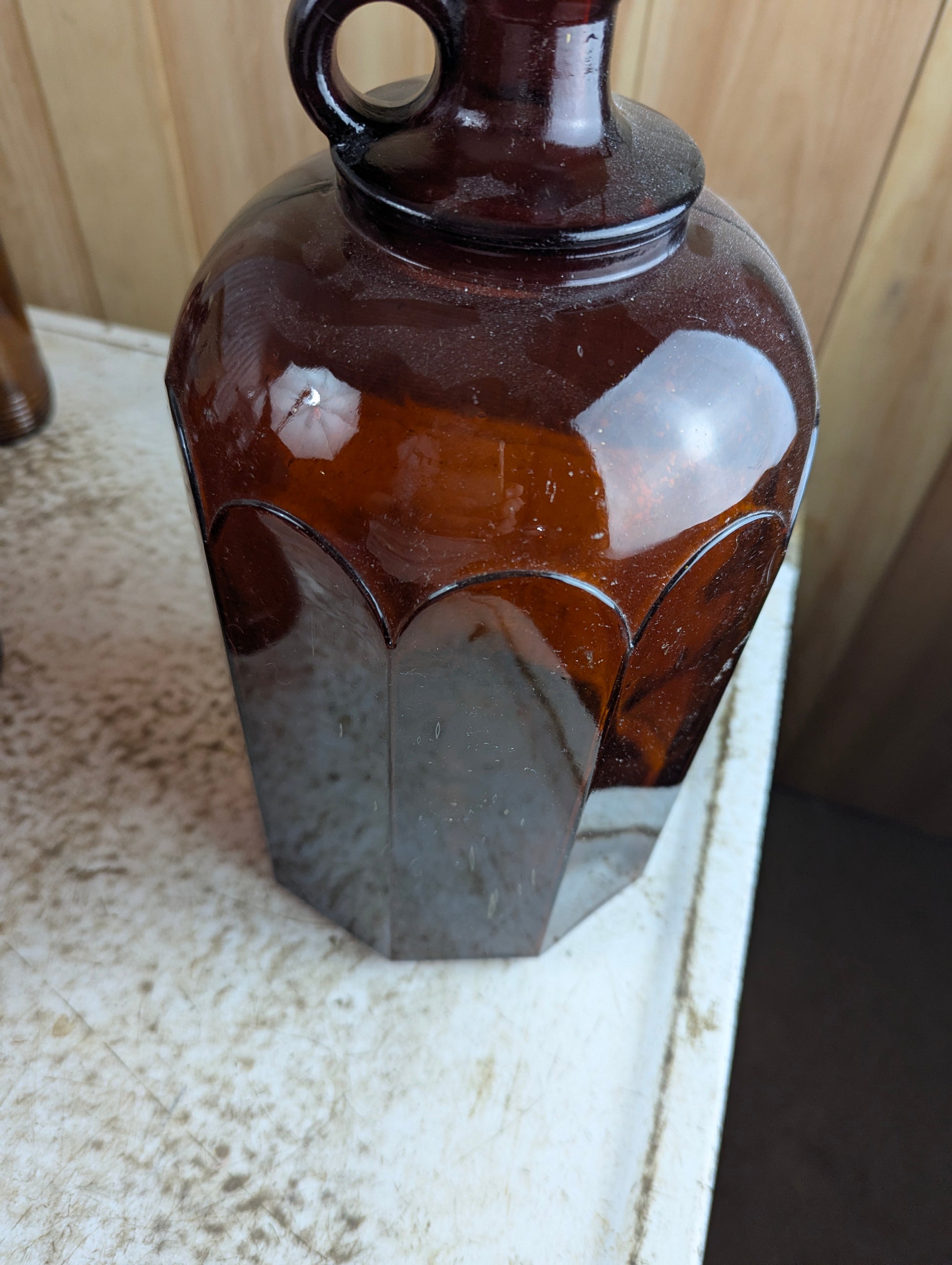 Vintage Barnes 1 Gallon Amber Glass 10 Panel Wine Jug with Finger Loop - view 4