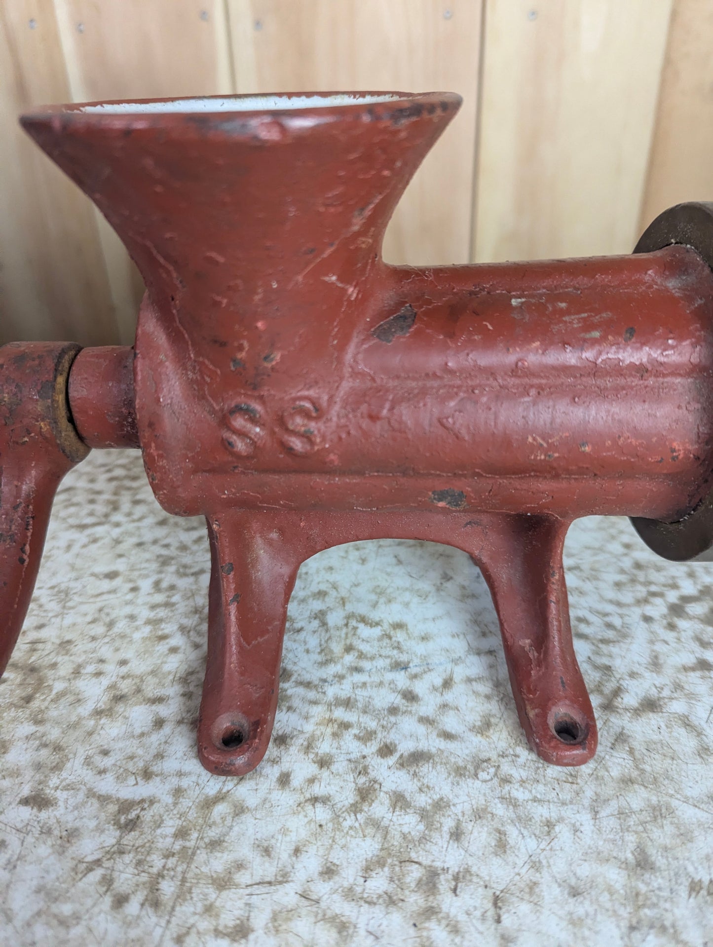 Vintage Bench Mount Meat Grinder with Enamel Interior - view 3
