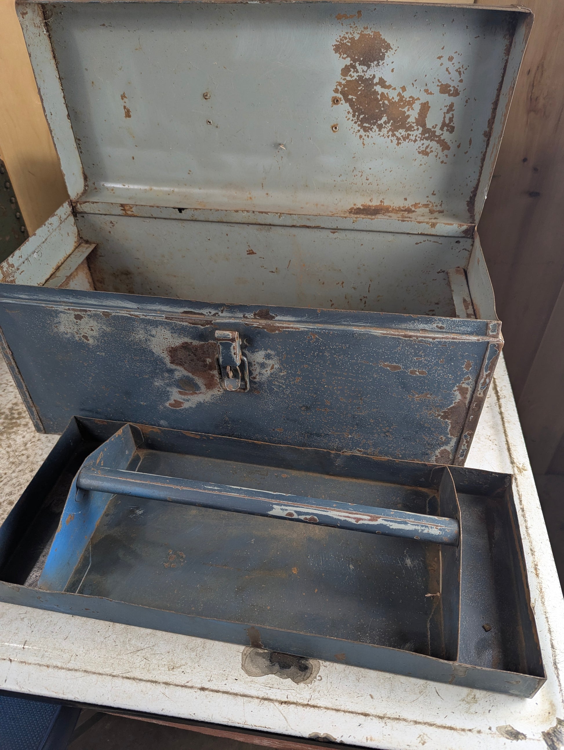 Vintage Blue Metal Toolbox with Caddy - Rusted - view 7