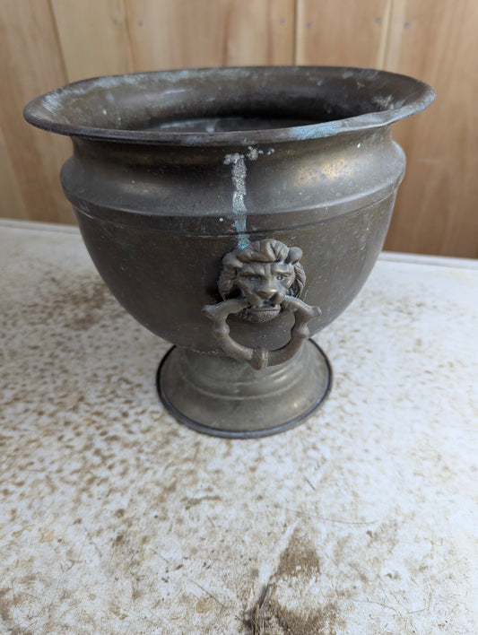 Vintage Brass Planter Pot with Lion Head Handles - Cracked