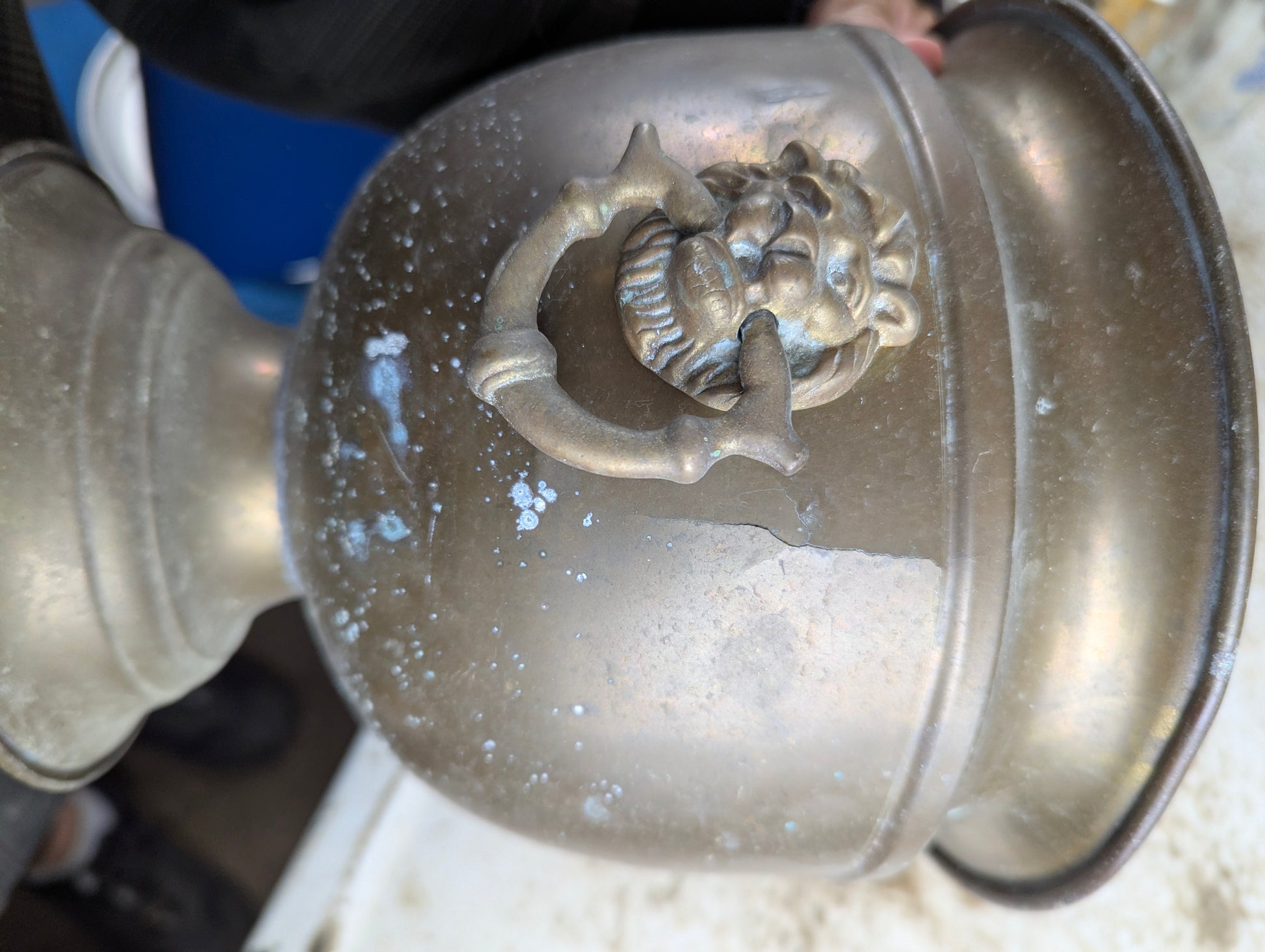 Vintage Brass Planter Pot with Lion Head Handles - Cracked - view 3