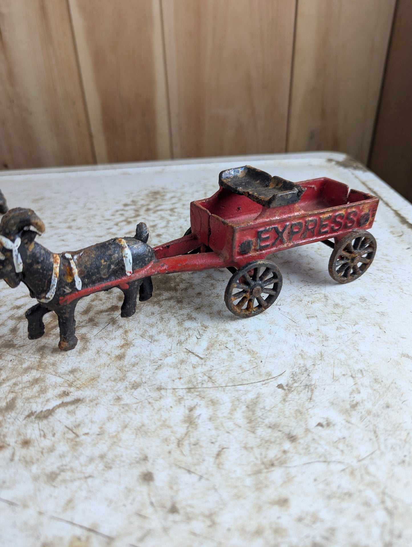 Vintage Cast Iron Goat-Pulled Express Wagon Toy