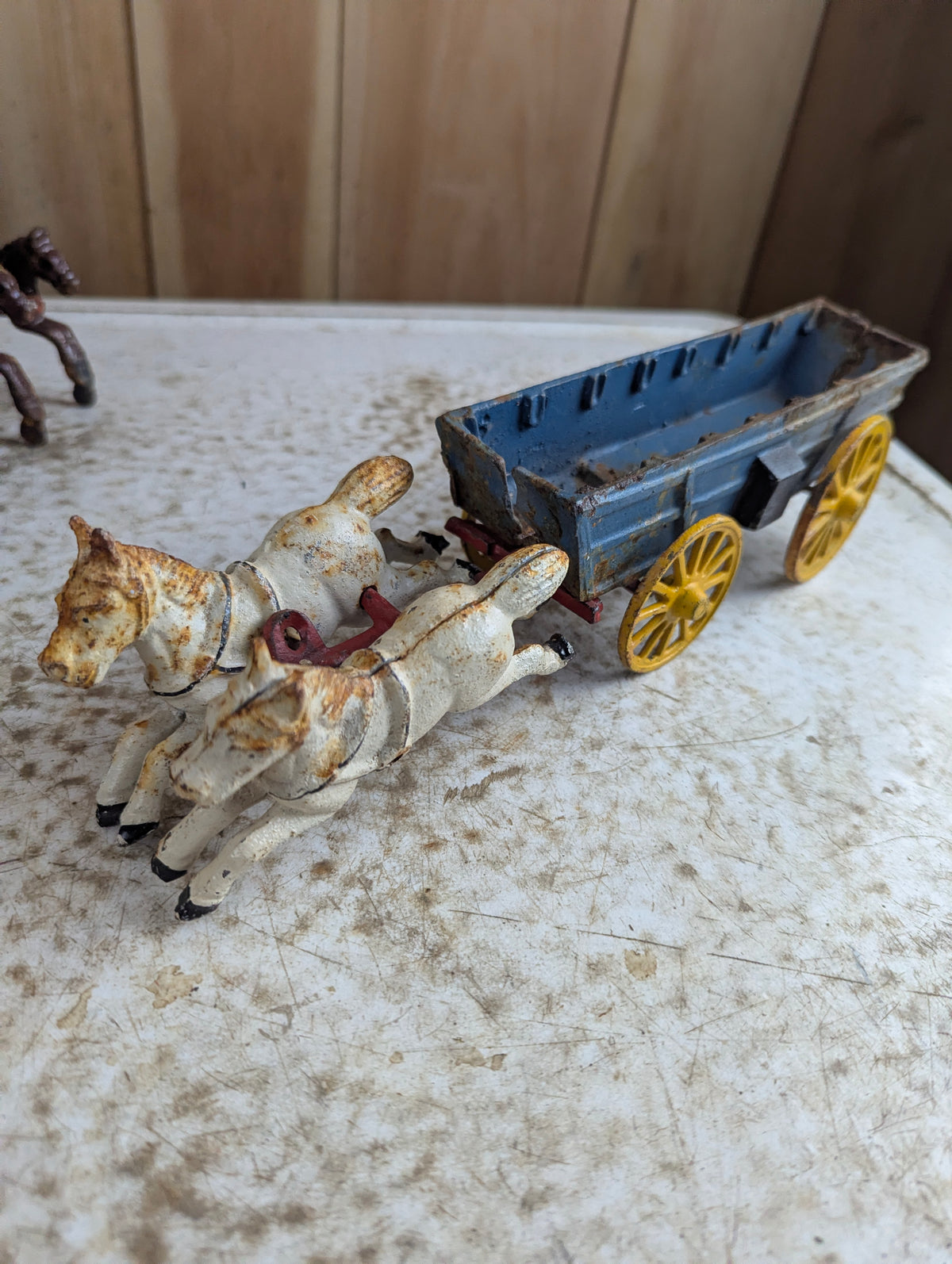 Vintage Cast Iron Horse Drawn Blue Wagon - Damaged
