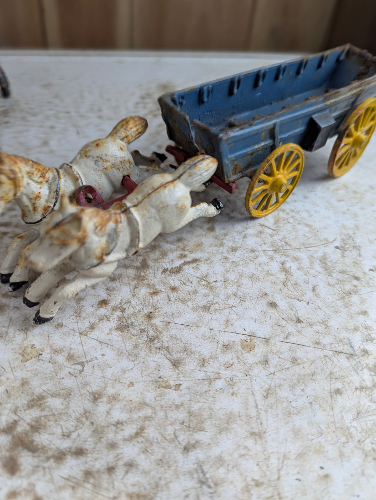 Vintage Cast Iron Horse Drawn Blue Wagon - Damaged - view 4