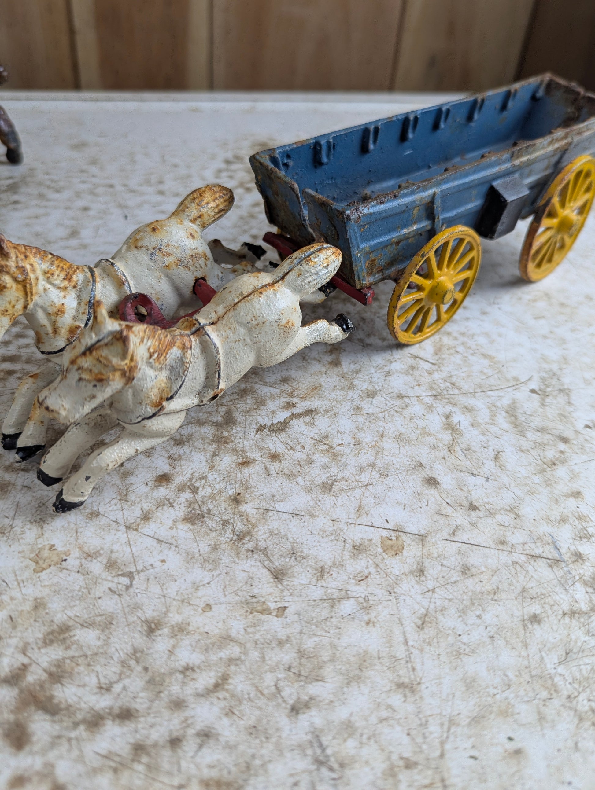 Vintage Cast Iron Horse Drawn Blue Wagon - Damaged - view 5