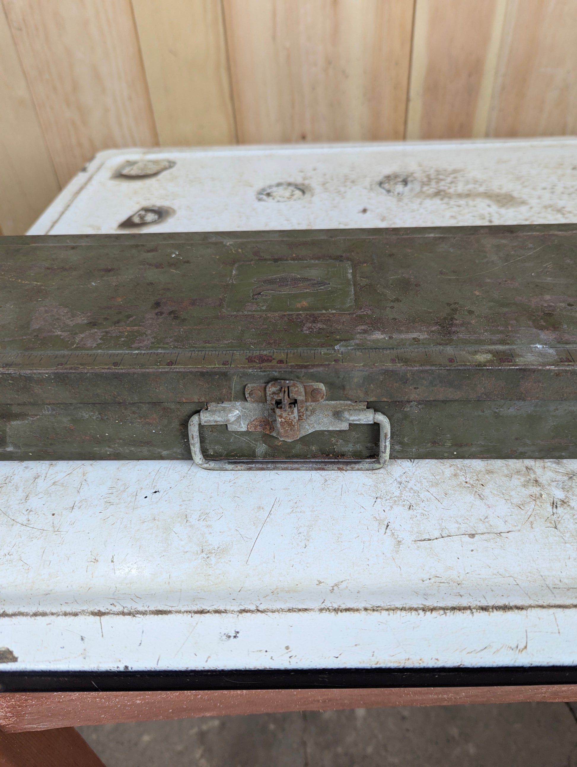 Vintage Climax Metal Fishing Tackle Box with Rod Storage