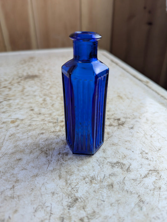 Vintage Cobalt Blue Glass Hexagonal Poison Bottle 1.5oz