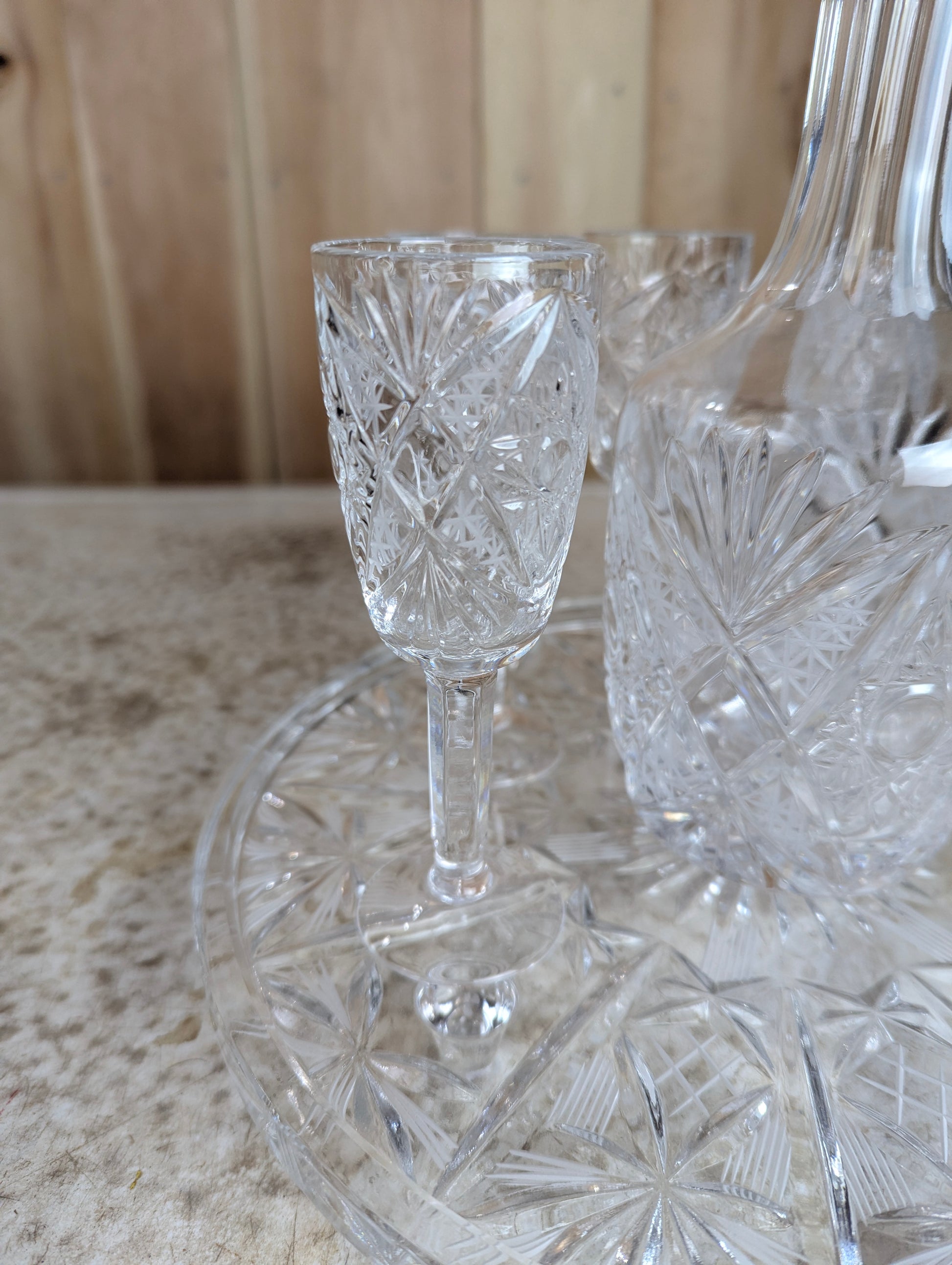 Vintage Cut Crystal Decanter with 6 Sherry Glasses and Footed Round Tray - view 3