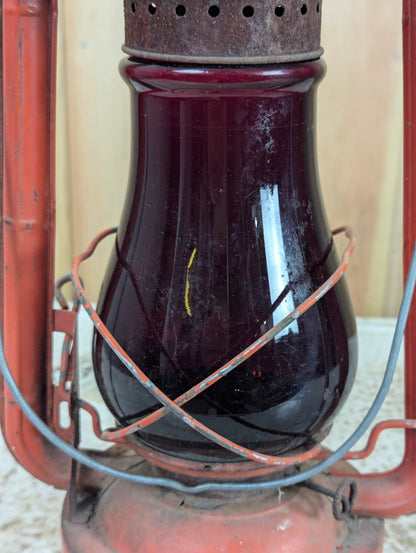 Vintage Dietz No. 129 Crescent Barn Oil Lantern with Red Glass Shade - view 5