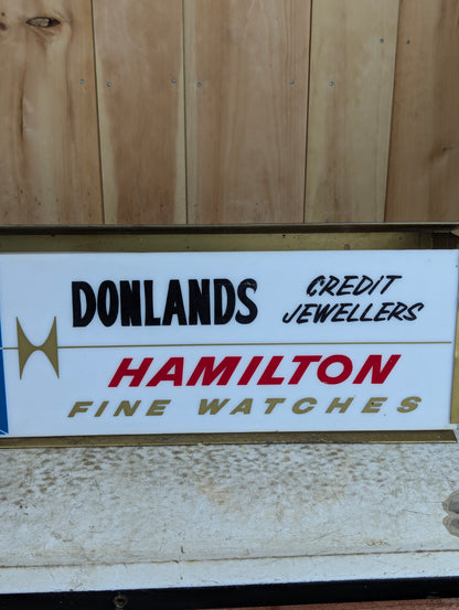 Vintage Donlands Credit Jewellers Hamilton Fine Watches Light Up Sign with Built In Clock - view 2